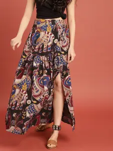 Taavi Black & Maroon Kalamkari Hand Block Print Ethnic Sustainable Maxi Pure Cotton Skirt with Gathers