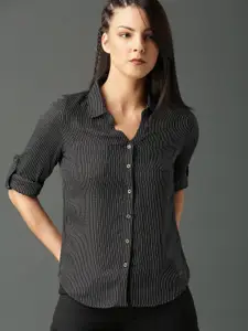 Roadster Women Black & White Regular Fit Striped Sustainable Casual Shirt