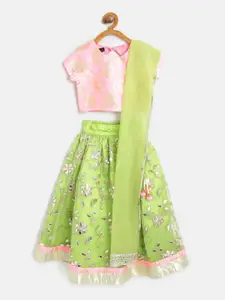 pspeaches Girls Lime Green & Pink Printed Ready to Wear Lehenga & Blouse with Dupatta