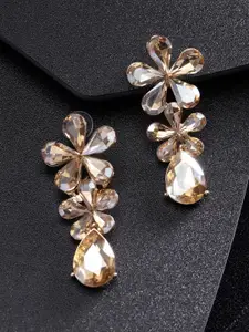 YouBella Beige Gold-Plated Stone-Studded Floral Drop Earrings