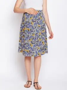 Oxolloxo Blue & Yellow Floral Printed Maternity A-Line Skirt