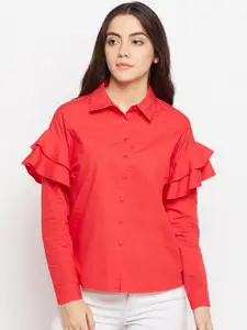 Oxolloxo Women Red Regular Fit Solid Casual Shirt
