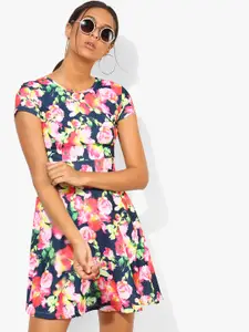 Honey by Pantaloons Navy Blue & Pink Floral Printed A-Line Dress