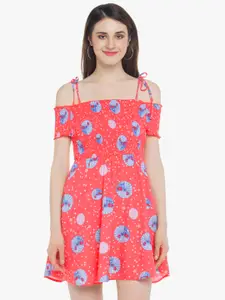 Honey by Pantaloons Pink & Blue Floral Printed Cold-Shoulder Crepe A-Line Dress