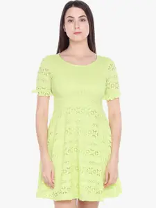 Honey by Pantaloons Lime Green Ethnic Woven Lace A-Line Dress