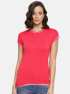 OPt Women Pink Solid Round Neck T-shirt