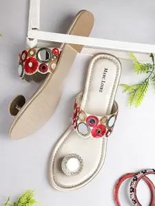 Marc Loire Women Red & Gold-Toned Woven Design Open Toe Flats With Mirror Work