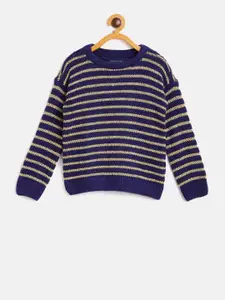 Tommy Hilfiger Girls Navy Blue & Golden Striped Sweater