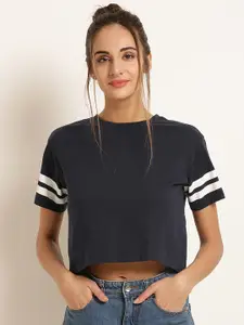 Harpa Women Navy Blue Solid Boxy Top