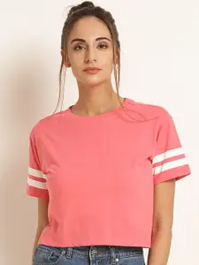 Harpa Women Pink Solid Boxy Pure Cotton Top