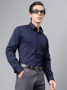 Hancock Men Nayy Blue Solid French Cuff Pure Cotton Slim Fit  Formal Shirt