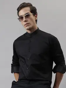 Hancock Men Black Solid Satin Slim Fit Pure Cotton Tuxedo Formal Shirt