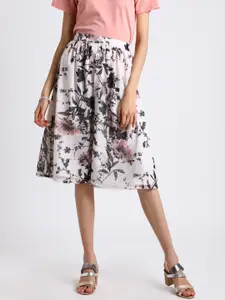 Besiva Women White & Grey Floral Print A-Line Skirt