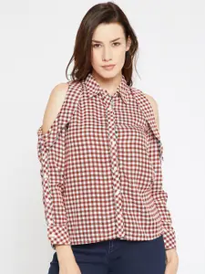 Marie Claire Women White & Maroon Regular Fit Checked Casual Shirt