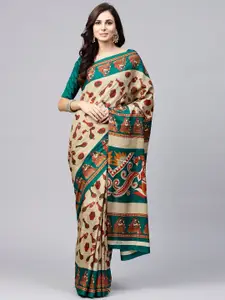 Saree mall Beige & Green Printed Bhagalpuri Saree