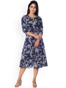 anayna Women Blue Printed Fit and Flare Dress