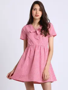 Besiva Women Pink Checked Fit and Flare Dress