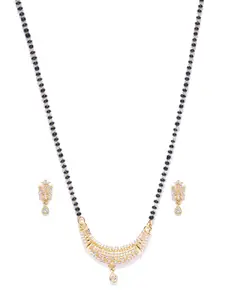 Priyaasi Black Gold-Plated Beaded American Diamond-Studded Mangalsutra with Earrings Set