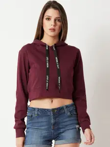Miss Chase Women Maroon Solid Hooded Cropped Sweatshirt