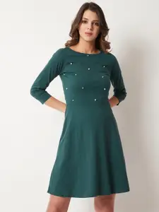 Miss Chase Women Green Embellished Fit and Flare Dress