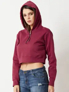 Miss Chase Women Maroon Solid Hooded Crop Sweatshirt