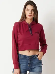 Miss Chase Women Maroon Solid Hooded Crop Sweatshirt