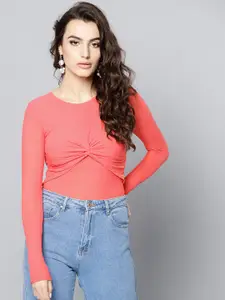 Veni Vidi Vici Women Coral Pink Solid Cropped Fitted Top