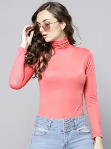 Veni Vidi Vici Women Coral Pink Solid Semi Sheer Fitted Top