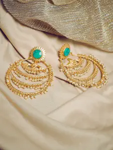 PANASH Gold-Toned & Turquoise Blue Crescent Shaped Gold-Plated & Handcrafted Chandbalis