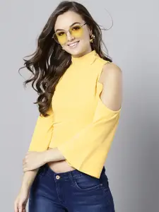 Veni Vidi Vici Women Yellow Solid Cold-Shoulder Crop Fitted Top