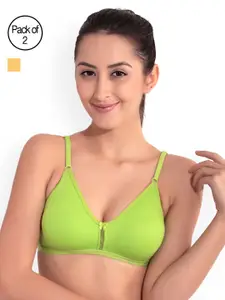 Floret Pack of 2 Mustard & Lime Green Solid Non-Wired Non Padded T-shirt Bras