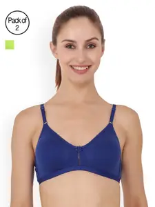 Floret Pack of 2 Blue & Lime Green Solid Non-Wired Non Padded T-shirt Bra