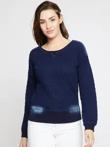 RARE Women Navy Blue Self Design Sweatshirt
