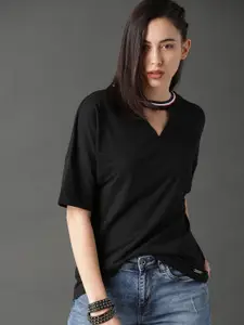 Roadster Women Black Solid Keyhole Neck Pure Cotton T-shirt