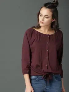 The Roadster Lifestyle Co. Women Burgundy Solid Pure Cotton Regular Top