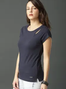Roadster Women Navy Blue Solid Pure Cotton Top