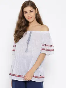 U.S. Polo Assn. Women White Semi-Sheer Striped Bardot Pure Cotton Top