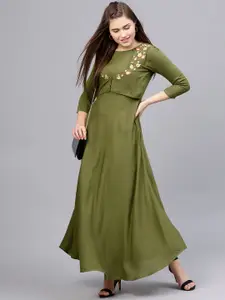 Athena Women Olive Green Solid Layered Maxi Dress