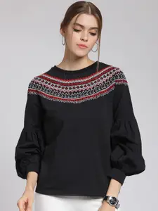 plusS Women Black & Red Self Design Sweatshirt