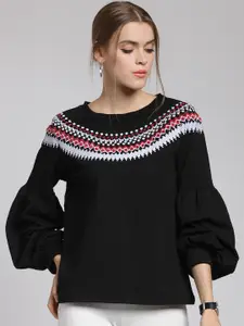plusS Women Black Embroidered Sweatshirt