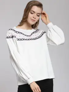 plusS Women White & Black Embroidered Sweatshirt