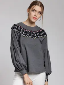 plusS Women Charcoal Grey & Black Embroidered Sweatshirt