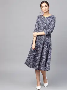 SASSAFRAS Navy Blue & Pink Floral Printed Cotton Fit and Flare Dress