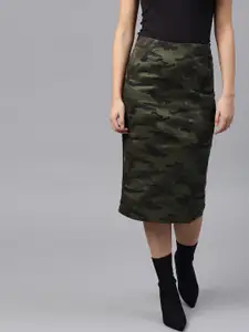 SASSAFRAS Olive Green & Black Camouflage Print Pencil Skirt