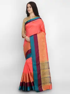 Saree mall Peach-Coloured & Blue Silk Blend Woven Design Banarasi Saree