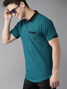HERE&NOW HERENOW Men Teal Blue Polo Collar Cotton Pure Cotton T-shirt