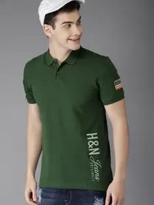 HERE&NOW HERENOW Men Green Printed Polo Collar Pure Cotton T-shirt