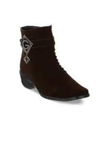 SHUZ TOUCH Women Brown Solid Heeled Boots