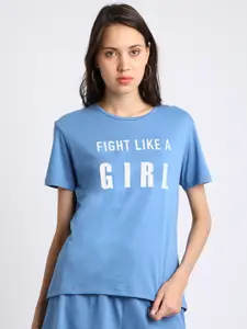 Besiva Women Blue Printed Round Neck T-shirt