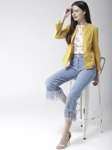 Sera Women Mustard Yellow Solid Corduroy Tailored Fit Front Open Blazer